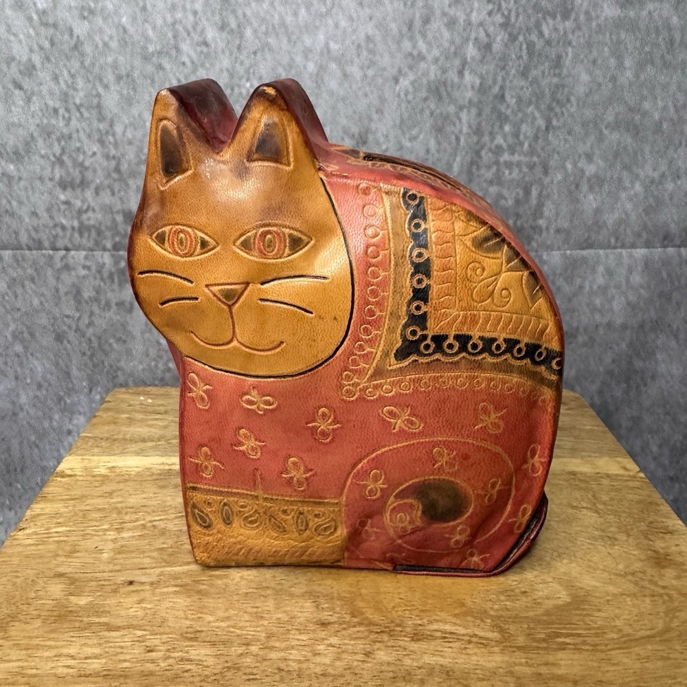 Leather Kitty Cat Coin Bank Multicolored Green Tan Red